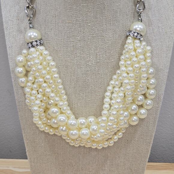Ivory Cream Wound Multi Strand Faux Pearl Collar Necklace 18" Coquette Vibe - Picture 3 of 9